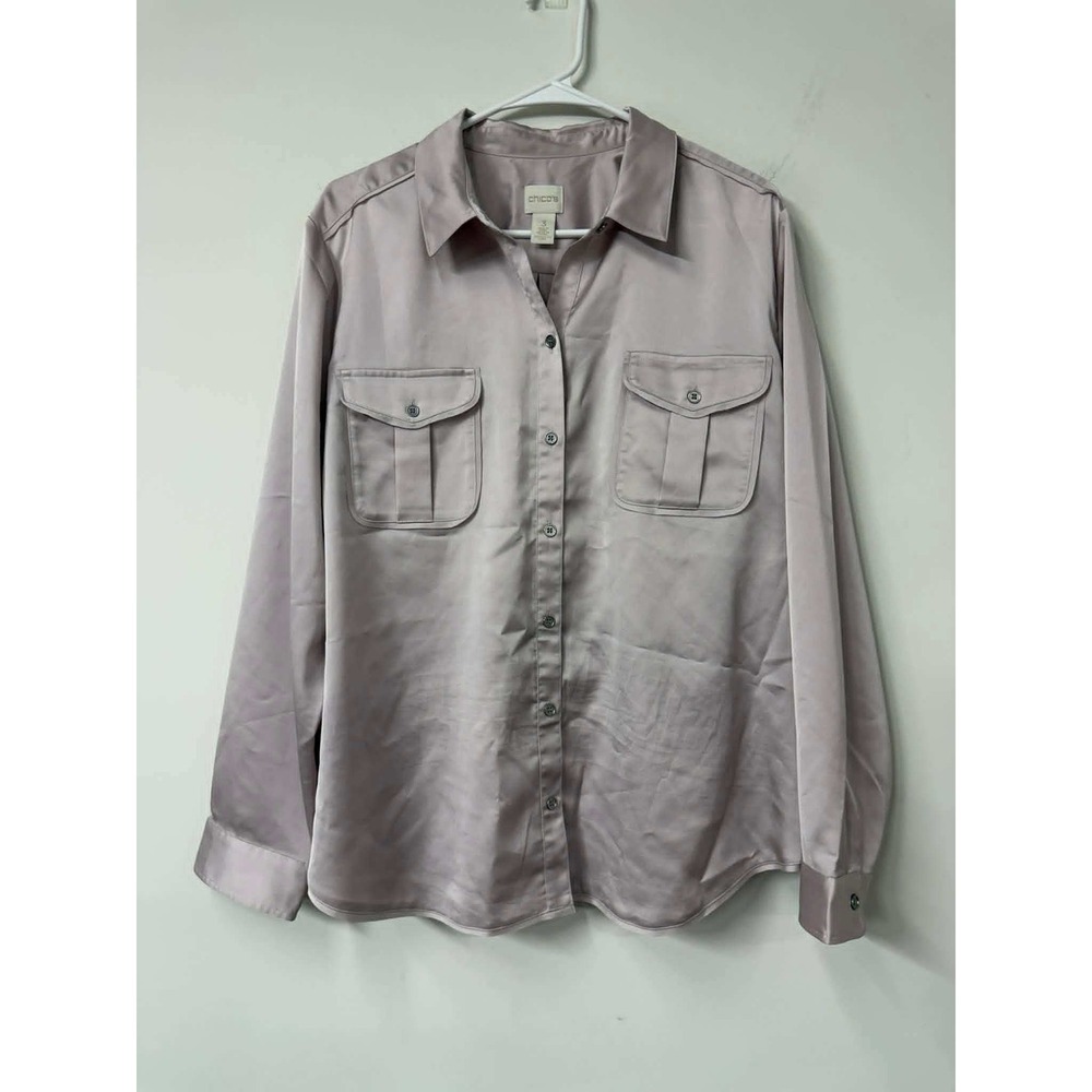 Chicos Size 3 Large Dusty Lavender Satin Utility Button‎ Down Shirt Blouse XL